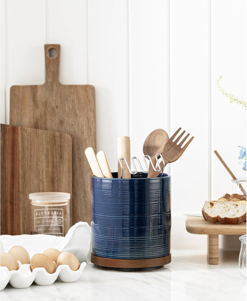 MIKIGEY Utensil Holder, 360° Rotating Extra Large Ceramic Kitchen Utensil Holder for Countertop, 7.3“ Cooking Utensil Crocks for Kitchen Counter with Rotatable Wooden Base, Farmhouse Decor, Dark Blue - Image 2